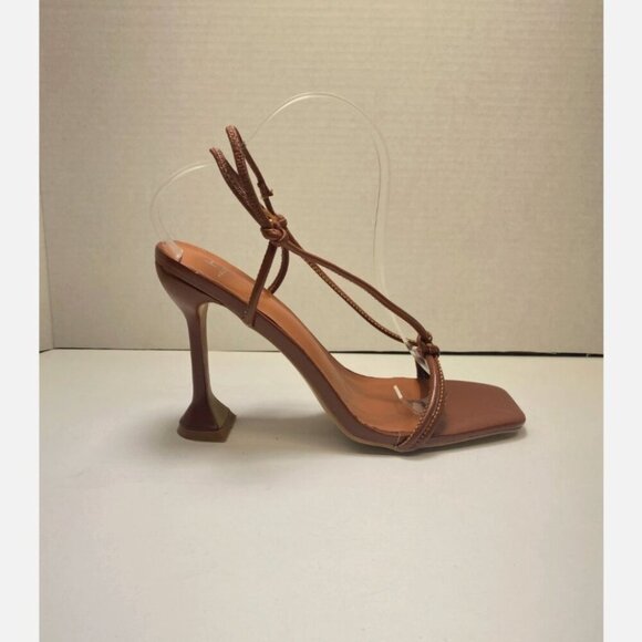 Halston Picasso‎ Lace Up Sandal Spool Heel Square Open Toe Tan Brown 7 - Picture 5 of 7